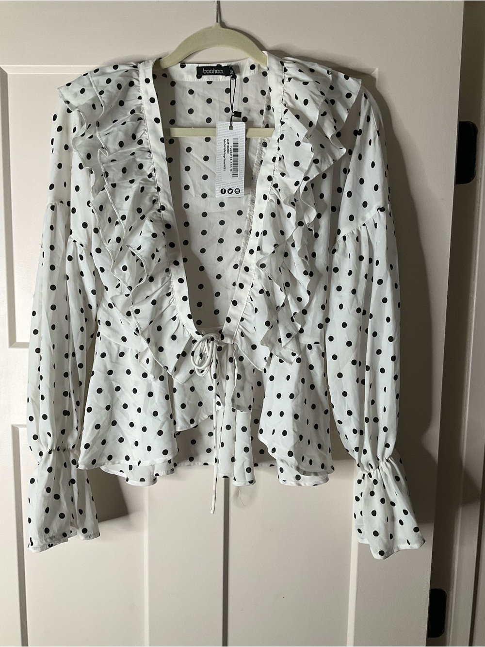 Boohoo White and Black Polka Dot Ruffle Tie-Front Blouse